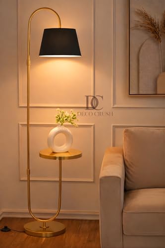 Image of Deco Crush Modern Table Shelf LED Floor Lamp Standing Antique Brass Gold Finish for Home Decoration,Living Room 5ft Height with Black Lampshade (Pack of 1)