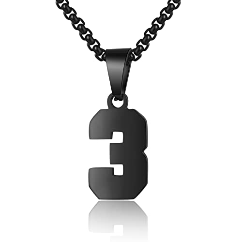 Susook Number Necklace for Boy Black Athletes Number Stainless Steel Chain 00-99 Number Charm Pendant Personalized Sports Jewelry for Men Basketball Baseball Football(3) Over 18 years old