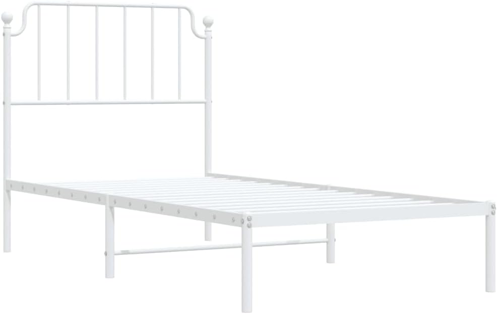 Twin Bed Frame White Powder-Coated Steel Metal Bed Frame with Headboard Platform Foundation Sturdy Durable Storage Modern Minimalist Bedroom Furniture
