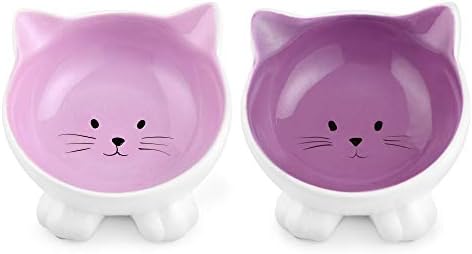 Navaris Cat Bowls with Ears - 2 Pack of Ceramic Cat Feeding Dishes with Anti Slip Silicone Feet - Purple Cat Shaped Food and Water Bowls Set