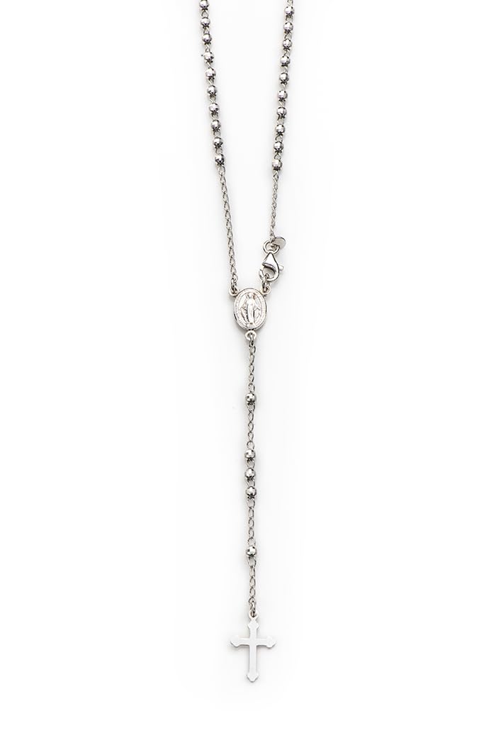 SHALOM - Collar rosario con cuentas facetadas de plata 925 rodiada, longitud 67 cm