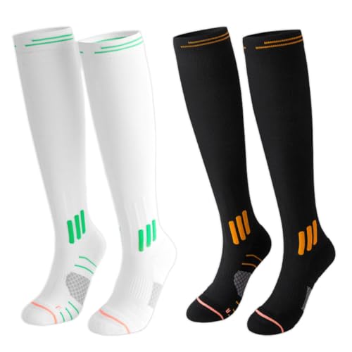 THQAE 2 Pares Medias de Compresion Mujer y Hombre de Calcetines de Compresión y Calcetines Hasta la Rodilla Hechos, Ideales para Deporte, Trabajo, Vuelos y Embarazo, Blanco, Negro