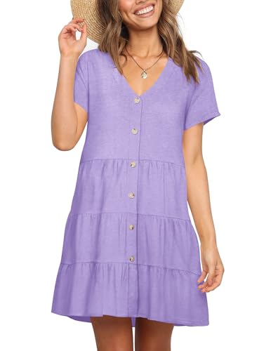 Image of Nova In Sky Women's Summer Dresses 2026 Short Sleeve V-Neck Casual Loose Swing Button Down Casual T Shirt Dresses