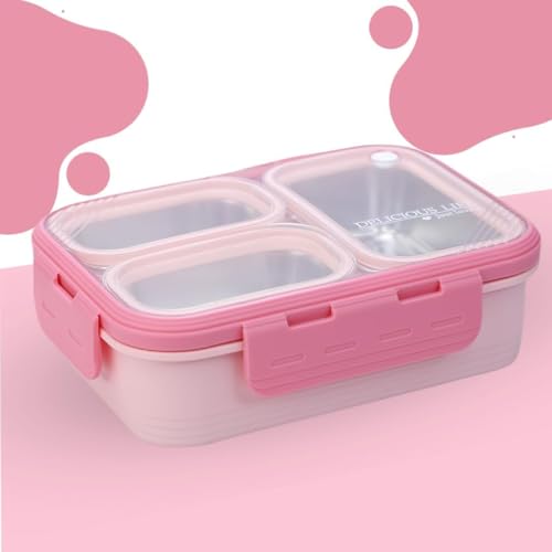 Image of Stainless Steel Lunch Box | 3-Compartment Leakproof & BPA-Free Bento Box | Insulated with Detachable Inner Containers & 4-Sided Lock | Ideal for Office, School, College & Travel | Pink