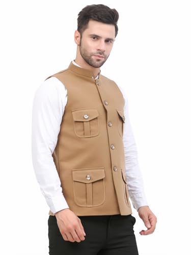 Image of FH Wearza Polywool tweed Solid multipocket Sleeveles Nehru Jacket For Men