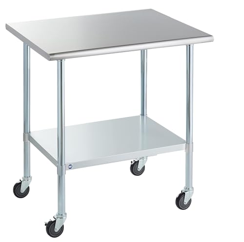 Image of ROCKPOINT Stainless Steel Table for Prep & Work with Caster Wheels 30x36 Inches, NSF Commercial Heavy Duty Table with Undershelf and Legs for Restaurant, Home and Hotel