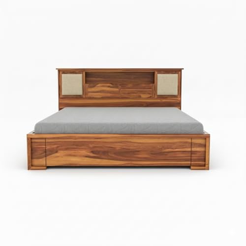 Image of Solid Sheesham Wood Bed with Storage | Wooden Cot with Box Storage & Upholstered Headboard | Strong Durable Frame | Modern Luxury Bed for Bedroom Home & Hotel (Honey Finish, Queen)