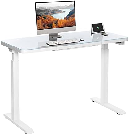 RSN Trend Glass Standing Desk with Drawer, 45 x 23 Inch Adjustable Electric Height Desk, Dual Motor White Home Office Desk with Wireless Charging, USB Ports