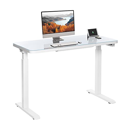 Rsn Trend Glass Standing Desk With Drawer, 45 X 23 Inch Adjustable Electric Height Desk, Dual Motor White Home Office Desk With Wireless Charging, Usb Ports #TOP19