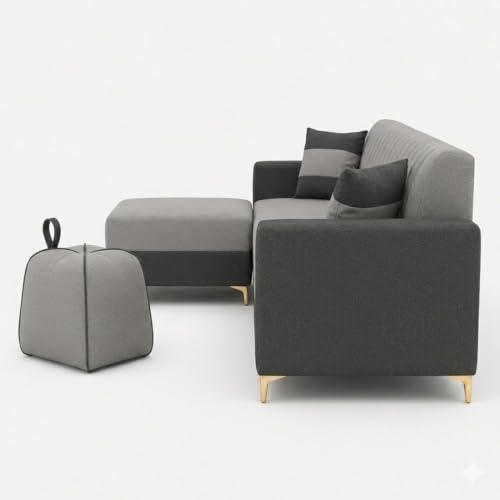 Image of FURNY Signature Regalia 4-Seater L-Shape Sofa Set with Movable Ottoman & Suri Pouf | Flexible LHS /RHS Layout | Boston Fabric | 40D Foam + Zigzag Spring | 3-Yr Warranty (Steel Grey - Light Grey)