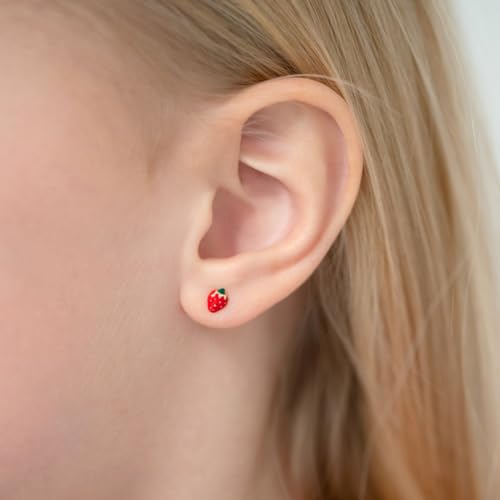 14k Yellow Gold Adorable Enamel Strawberry Screw Back Earrings for Young Girls - Dainty Kid Design Stud Earrings for Toddlers, Little Girls to Preteens - Lovely Tiny Screw Backs3