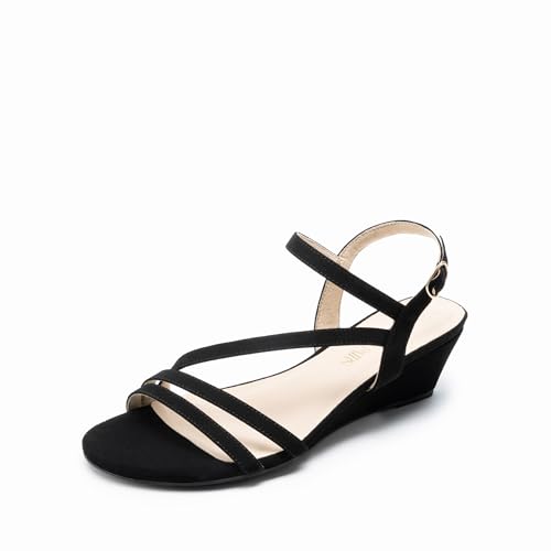 DREAM PAIRS Strappy Wrapped Dressy Wedge Sandals, Comfortable Ankle Strap Open Toe Evening Dress Wedding Dance Summer Shoes,Size 8.5,Black-Nubuck,SDPW2420W