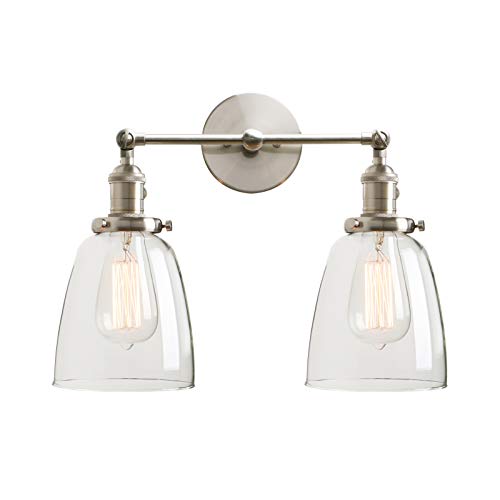 Permo Double Sconce Vintage Industrial Antique 2-Lights Wall Sconces with Oval Cone Clear Glass Shade (Brushed)