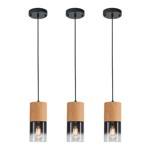 Image of 3-Pack Modern Pendant Lights for Kitchen Island, Adjustable Black Pendant Light Fixtures with Raw Wood Grain, Industrial Glass Pendant Lights for Dining Table Hallway Bedroom Living Room