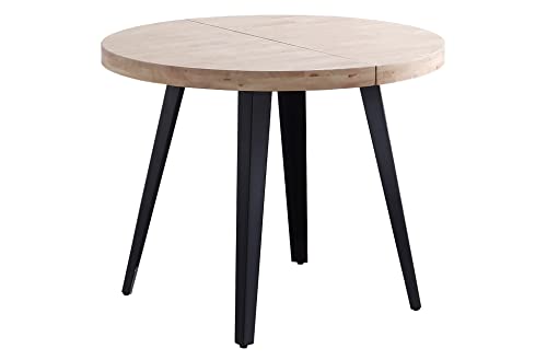 PEGANE Table à Manger Ronde Extensible en Bois Coloris chêne Nordique Pieds Noir - diamètre 100-180 x Hauteur 76 cm
