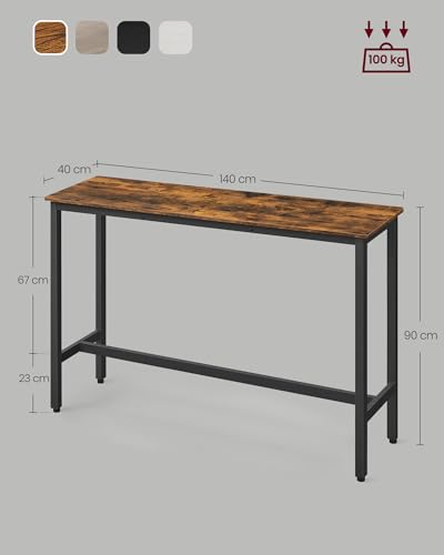 VASAGLE Bartisch, Küchentisch, Küchentresen, rechteckiger Stehtisch, Metallgestell, 40 x 140 x 90 cm, einfacher Aufbau, schmal, Industrie-Design, vintagebraun-tintenschwarz LBT140B01