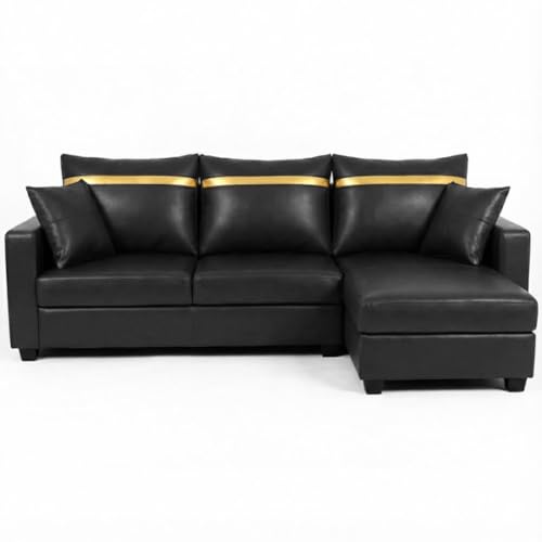 Image of FURNY Arossa 4 Seater Leatherette RHS L Shape Sofa Set (Black) Premium Finish| Durable Comfort | Ideal for Living Room