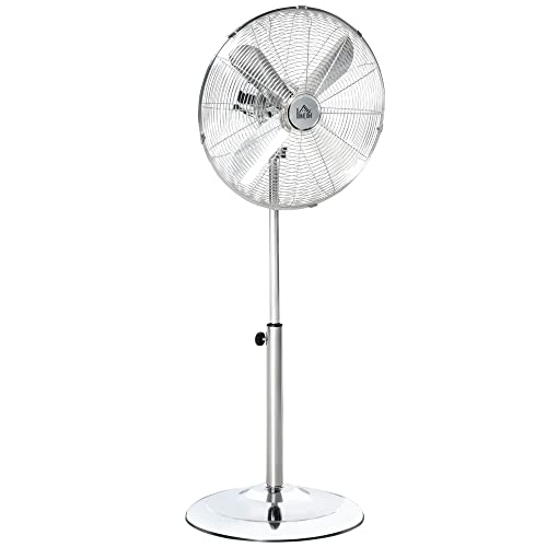 Ventilador de Pedestal HOMCOM 120 cm, Ventilador, Ventilador Regulable en Altura, 3 Niveles de Velocidad, ángulo de inclinación Regulable, Acero, Plata