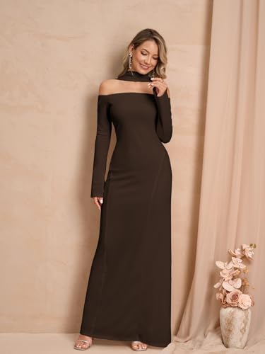 Elegant Off Shoulder Maxi Dress Long Sleeve with Attached Scarf Formal Evening Gown Flare Hem Party Dress for Women4