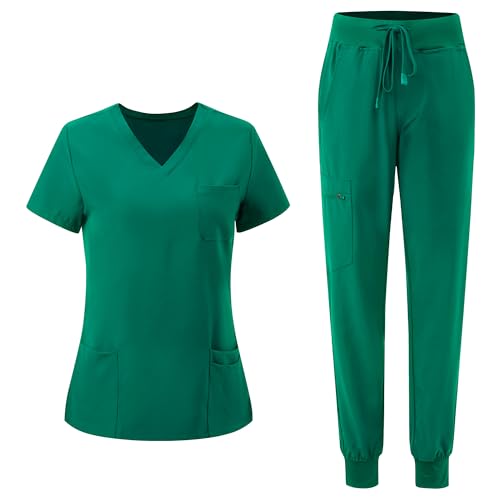 floralhue Scrubs for Women, V-Neck Scrubs Top & Cargo Pants with 10 Pockets, Hunter Green, 3XL