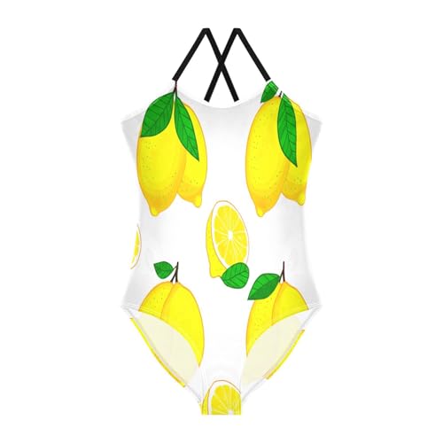 One Piece Swimsuit Toddler, Summer Beach Swimsuit Girls 3-10 Y, Bright Yellow Lemons White