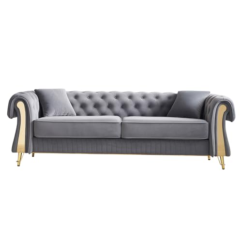 Image of KEIKI 89 inch Chesterfield Velvet Button Tufted Sofa with High Density Foam Cushions and 2 Toss Pillows, Modern Style 3-Seater Couch with 4 Gold Metal Leg, Easy Assembly, for Living Room, Apartment, Grey