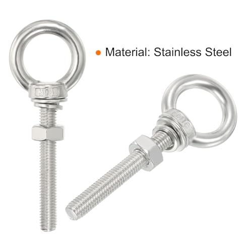 Image of uxcell M10*80 3 /8 inchx3.15 inch Stainless Steel Eye Bolts Threaded Screw Eyebolt Shoulder Ring with Nuts Washers for Lifting Hanging, 2 Set