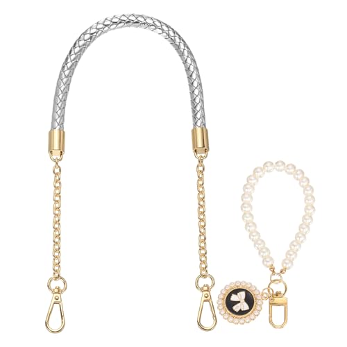 Pendentif en perle pour sac à main avec sangle tressée argent 62cm