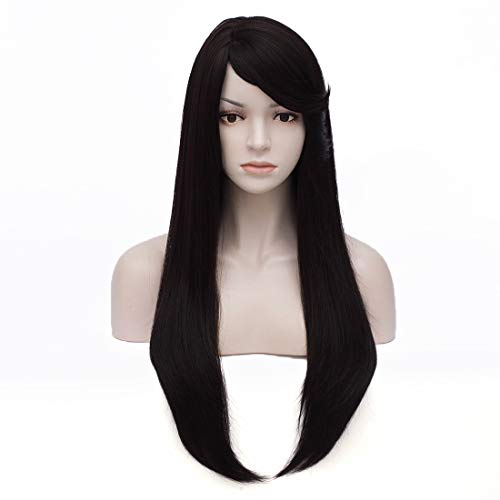 Tsnomore 24 inches Yaki Fiber long straight Natural Black Side Part Women Wig