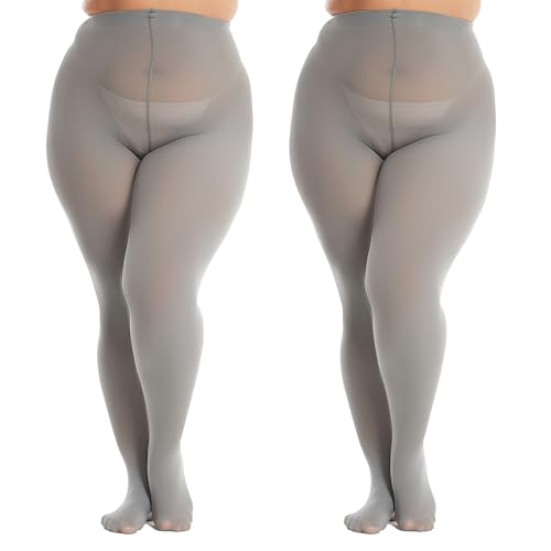 Image of Frola Plus Size Tights for Women Semi Opaque Control Top High Waist Stockings 60 Denier Women's Pantyhose(2Pairs Steel,XX-Langer)