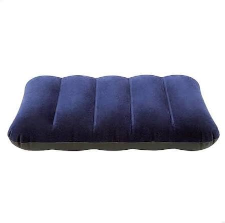 ubberized cotton small squared travel flocked fabric air pillow, compact, comfortable and inflatable, used for neck & lumbar support, camping and hiking, blue color