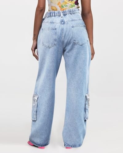 Women's Cargo Denim Jeans Sparkly Glitter Fringe Jeans Nashville Wide Leg Pants with Rhinestone Tassel2