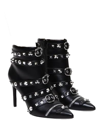 BAMBOO Womens Pointed Toe Zipper Studded Ankle Booties With Stileto Heel