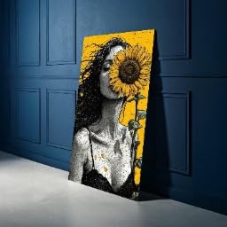 Tableau femme au tournesol dcoration jaune et noire 40x70cm