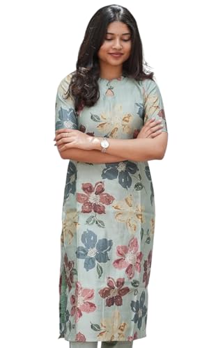 Image of Sun Fashion And Lifestyle Linen Blend Printed Straight Calf Length Kurta for Women | Kurti (KT72 Pista)