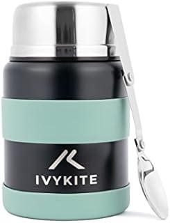 IvyKite 500ml Stainless Steel Insulated Food Jar - With Silicone Grips And Spoon - School, Home, Office or Camping - For Hot And Cold Food Or Soup - Kids And Adults