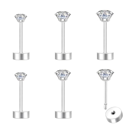 Hypoallergenic Flat Back Earrings for Women 20G Surgical Stainless Steel Studs Earrings Cubic Zirconia Cartilage Earring for Sensitive Ears 2mm 3mm 4mm
