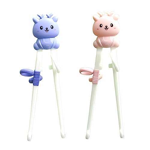 Pauzinhos para crianças, 2 pares palitos de treino com ajudante, pauzinhos de aprendizagem para crianças, principiantes, crianças, adultos idosos, pauzinhos de treino para crianças, azul + rosa