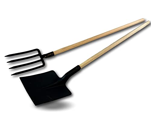 Ensemble fourche bêche 4 dents larges + pelle carrée | Manche en bois | Tête en acier noir | Retourner, aérer la terre | Creuser, trancher, racler | Outils de...