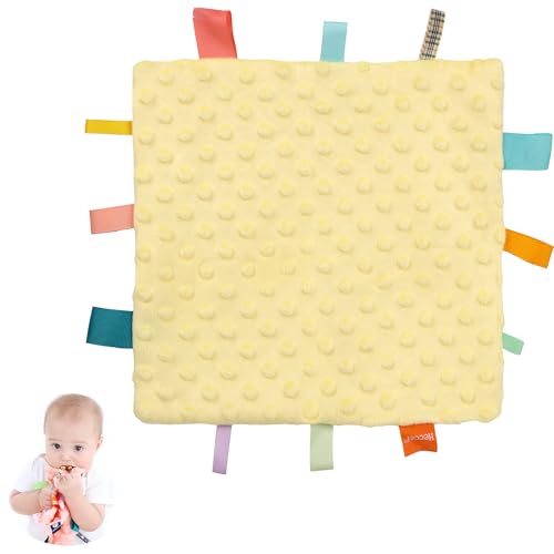 Image of HECCEI Baby Cozy Plush Tag Blanket, 10 10 inchs with Colorful Tags, Infant Appease Blankets for 3-12 Months (Yellow)