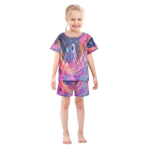 ALAZA Astronaut Colorful Pajamas Set Short Sleeve Cotton Sleepwear Summer Pjs 2 Piece 5-14Y3