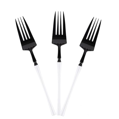 EcoQuality Black and White Disposable Plastic Fork - Heavy Weight Plastic Black & White Cutlery, Disposable Utensils, Silverware - Wedding, Birthday, Event Planning, Baby Showers, Anniversary (100)