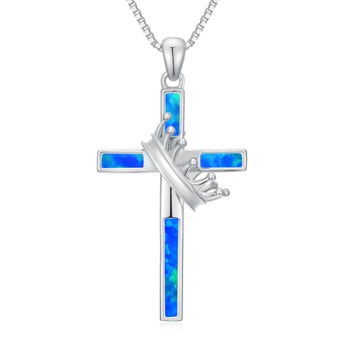 WINNICACA Collar de cruz de corona de plata de ley 925, joyería de ópalo para mujer, regalo de cumpleaños para mujer, esposa, novia, talla única, Plata esterlina, Ópalo sintético