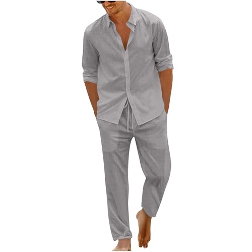 Dmmtot Conjunto de 2 piezas de lino casual para hombre, camisas de manga larga con botones, cintura elástica, pantalones de pierna recta, básicos, color sólido, ajuste regular, transpirable, ropa