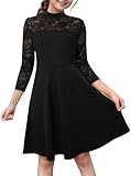Kilottor Girl's Dress Elegant Floral Lace 3/4 Sleeve Wedding Party A Line Dress 9-14 Years (Black, 11-12 Years)