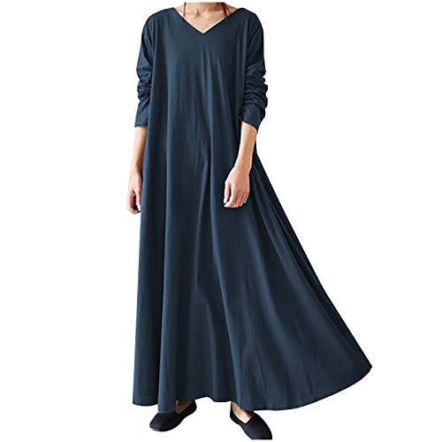 TRIGLICOLEUM Long Dress Women's Vintage Plain Winter Dress Loose Baggy Kaftan Long Sleeve V-Neck Jumper Dress Warm Cotton Maxi Dress Casual Dress Daily Holiday Dress Large Sizes 5XL