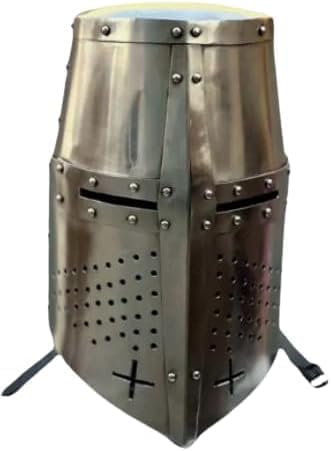 Medieval Steel Crusader Helmet Handcrafted Knight Great Helmet with Cross Design for Cosplay, LARP, Reenactments and Home Display
