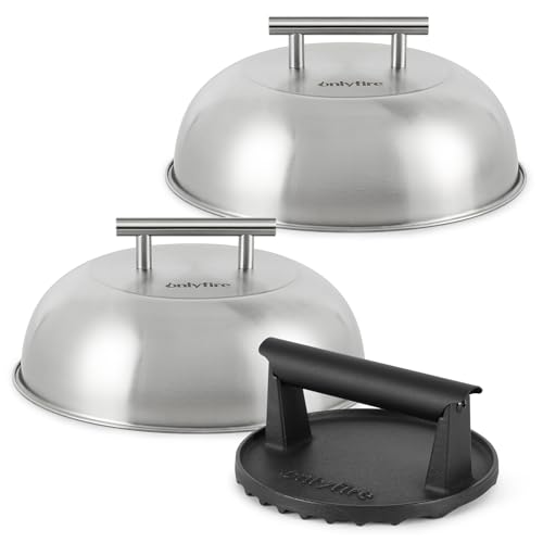 onlyfire Set Smash Burger de 3 Pièces, Contient Presse à Burger en Fonte et 2 Cloche de Cuisson en Acier Inoxydable, Kit Plancha Set Barbecue pour...