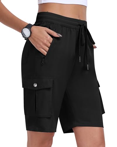 MoFiz Pantaloncini Cargo Trekking Donna Bermuda Estivi Pantaloni Corti Vita Elastica Leggeri Pantaloncini da Escursionismo Sportivi Jogging Casual Esterno con 6 Tasche Nero Taglia EU L