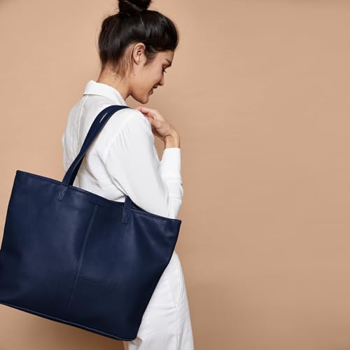 Bolso tote grande de cuero azul marino miniatura 2